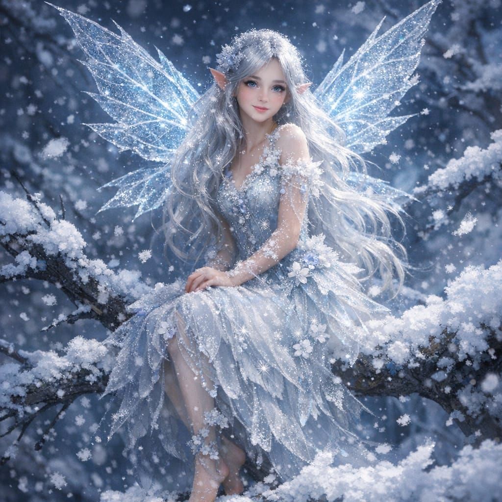 Ethereal Winter Fairy on Snowy Branch
