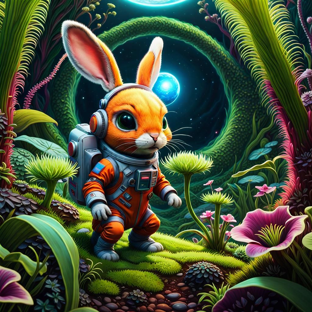 Beyond a portal enveloped by carnivorous plants, a curious little bunny (wearing a spacesuit: 1.5) peers into a hyperbol...