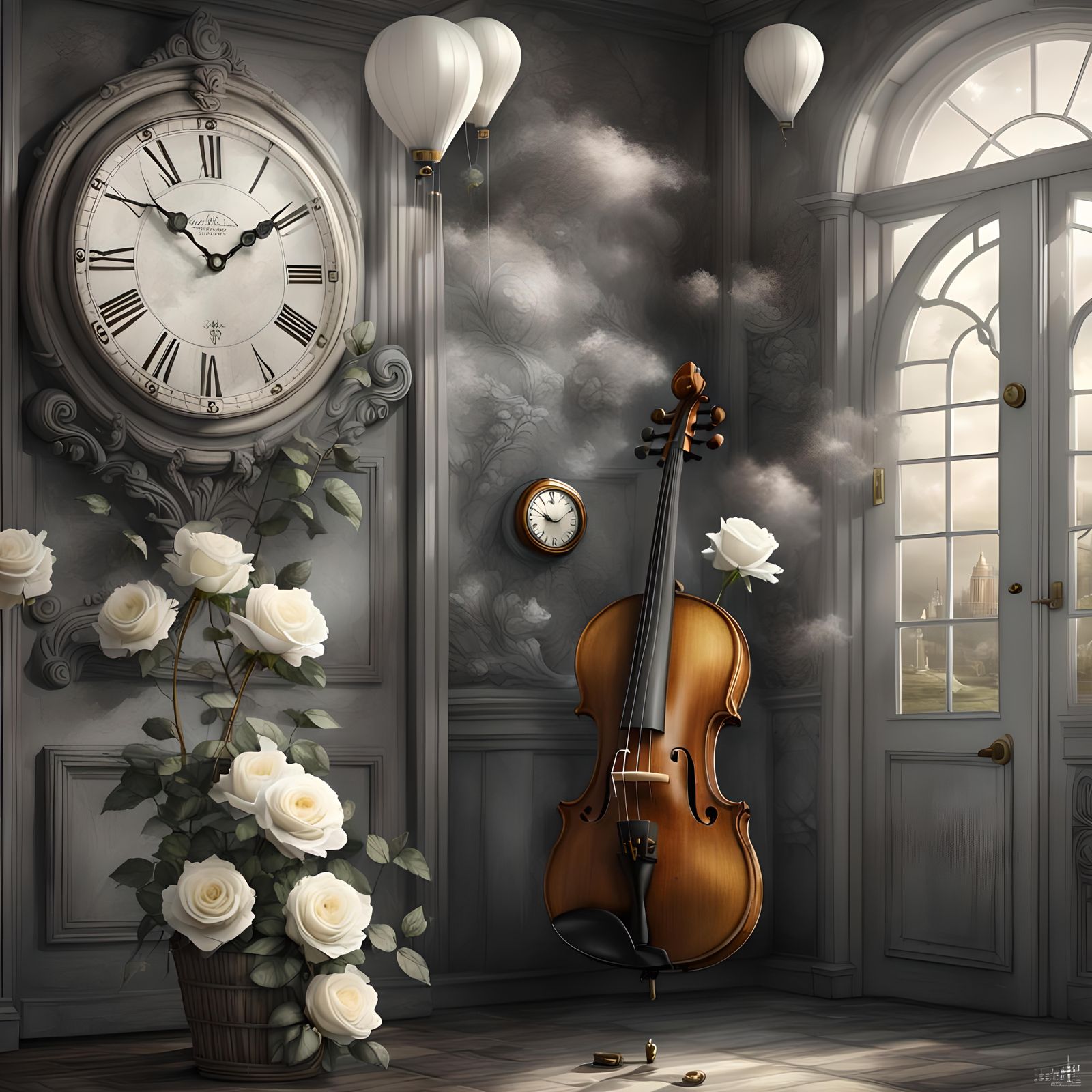 Surreal Dreamscape with Violin, Clock and Roses