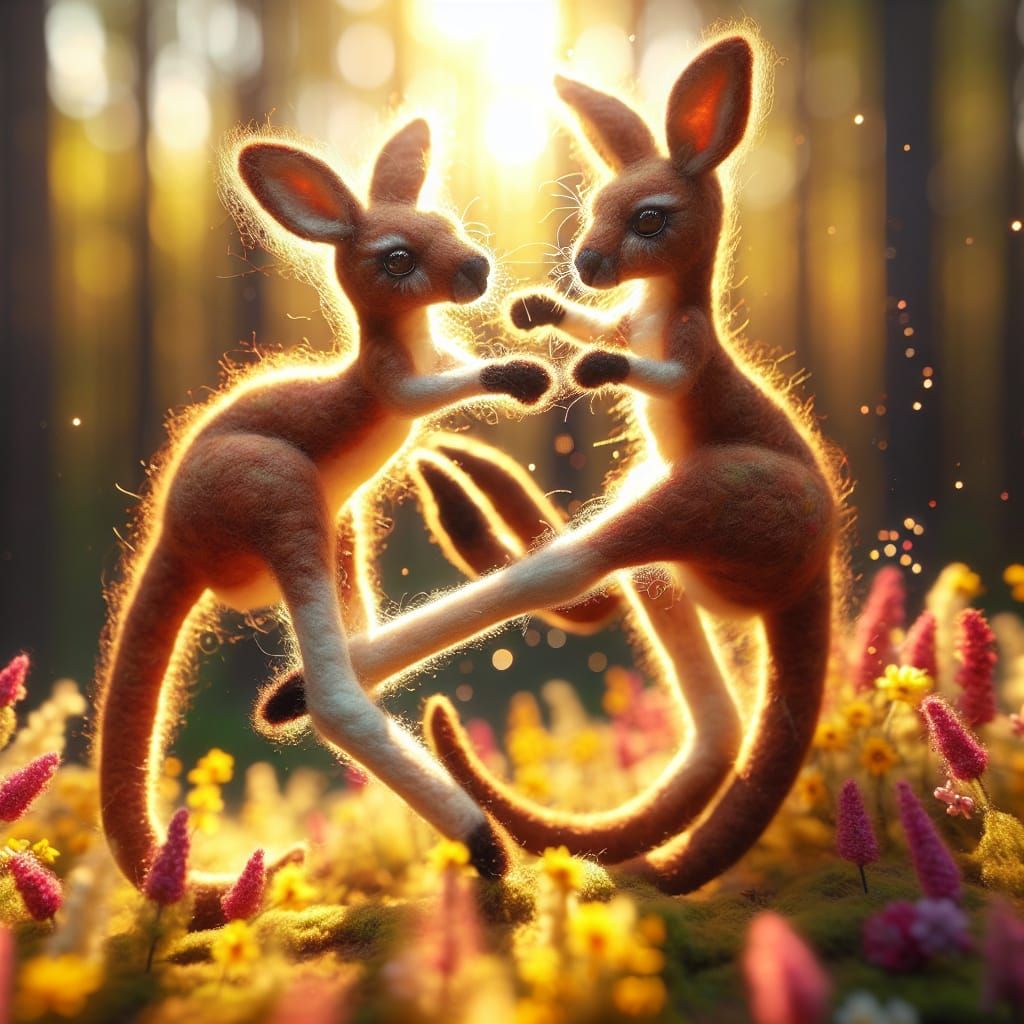 Needle Felted Kangaroos Playfully Fighting