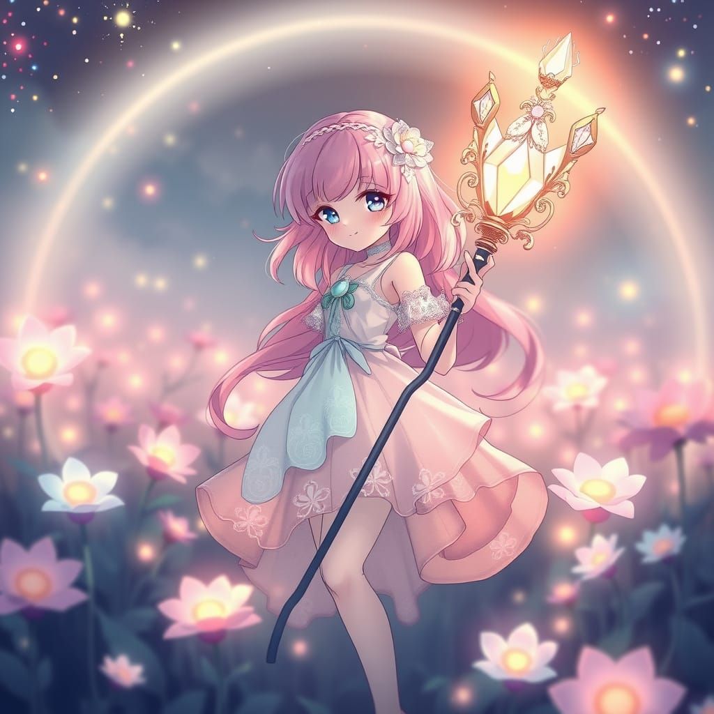 Whimsical Magical Girl in Field of Glowing Flowers