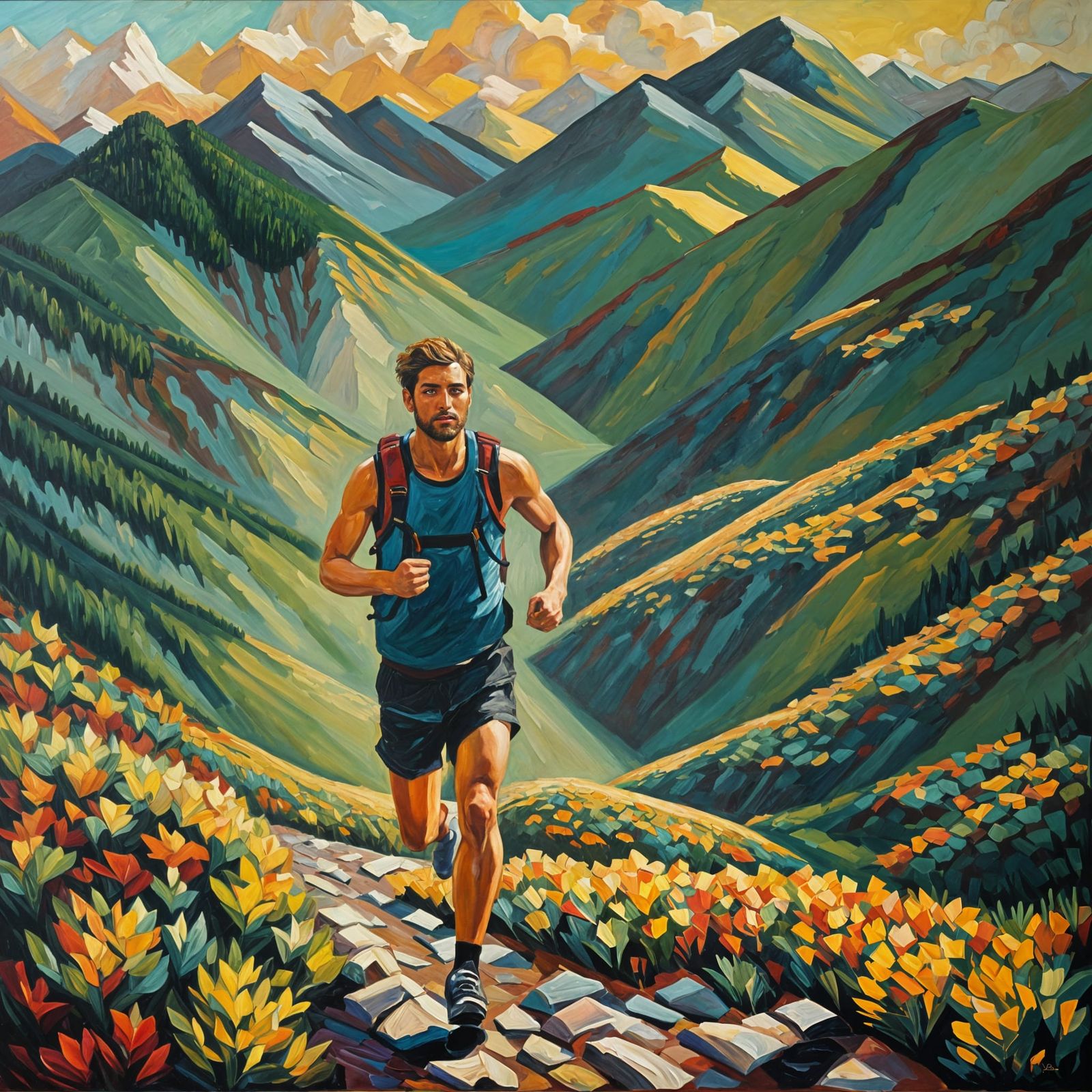 Trail Runner in Mountains: Expressionist Oil Painting
