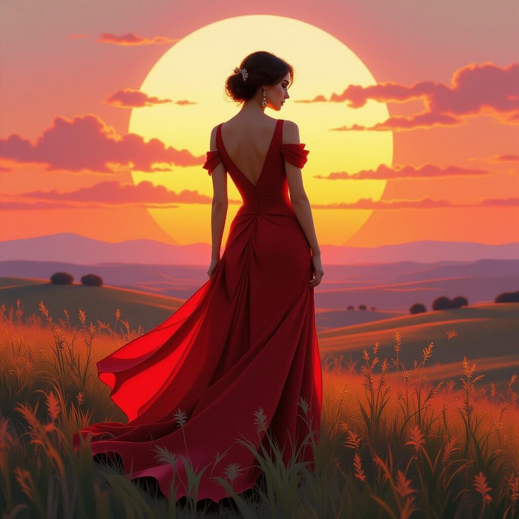 Elegant Woman in Red Dress, Art Nouveau Style