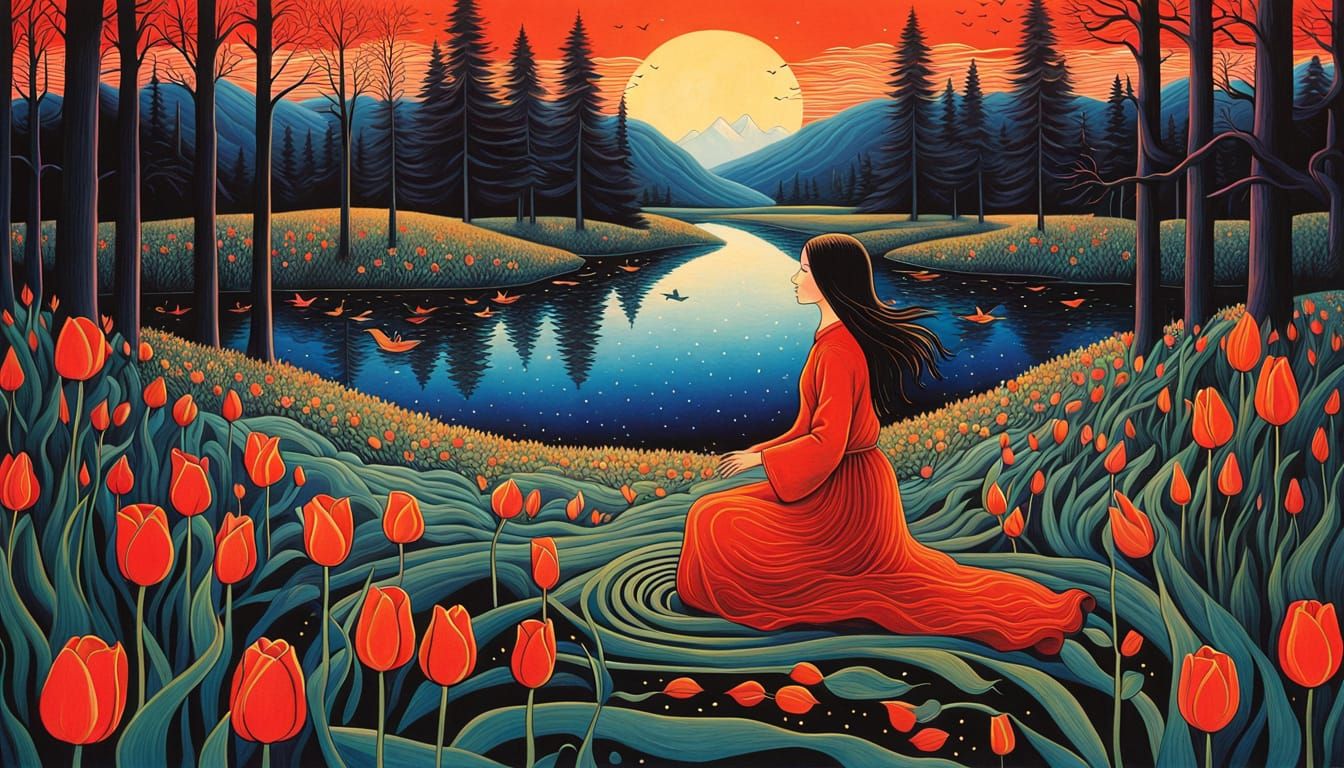 Surreal Eco-Art Sculpture of Woman at Sunset