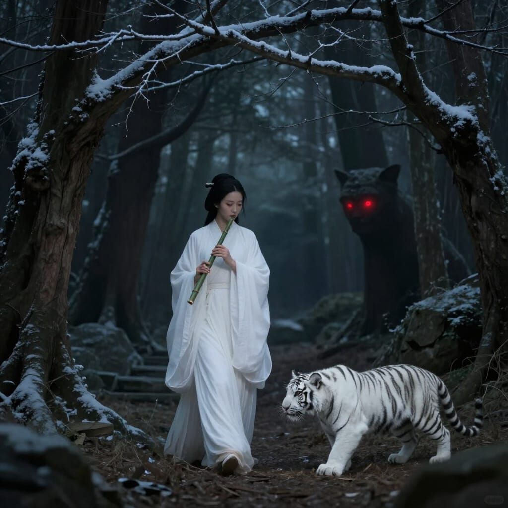 Ethereal Asian Woman and Tiger Cub in Mystical Forest