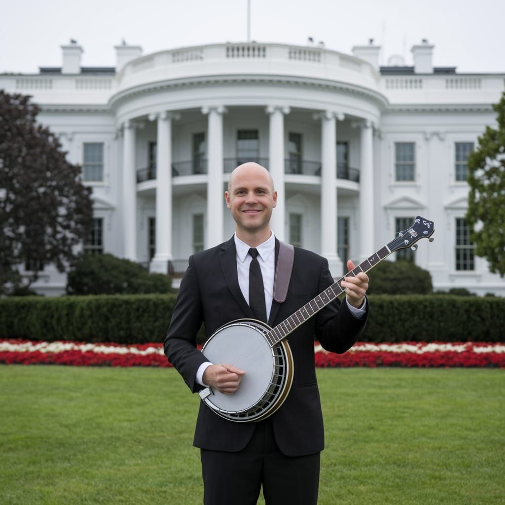 American Folk Music Icon Plays Banjo in Front of the White H...