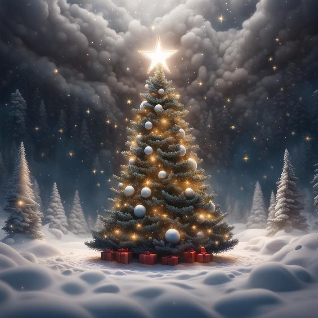 Christmas Tree on a Cloud with Twinkling Stars