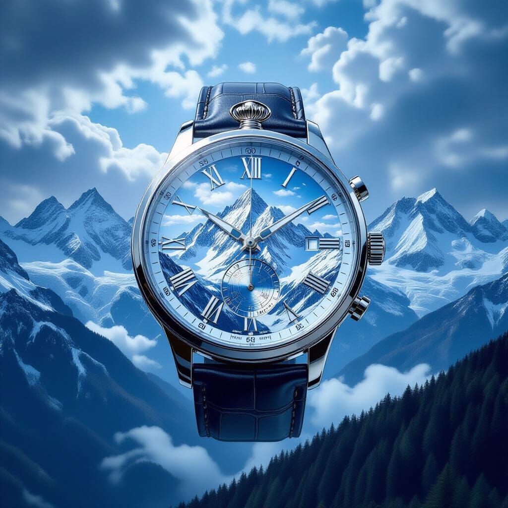 Hyperrealistic Alps Panorama with Giant Swiss Watch