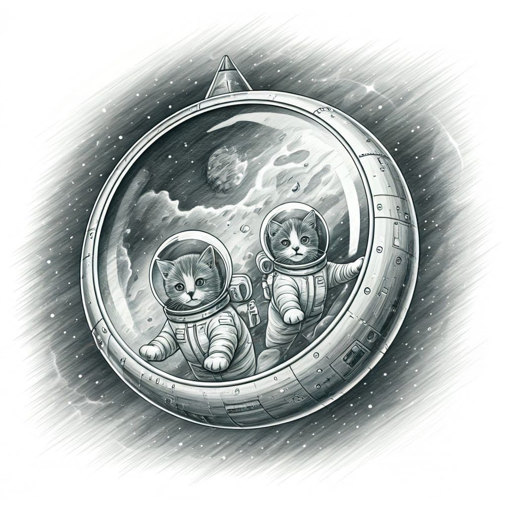 Vintage Science Book-Inspired Pencil Art of Puppies in Space