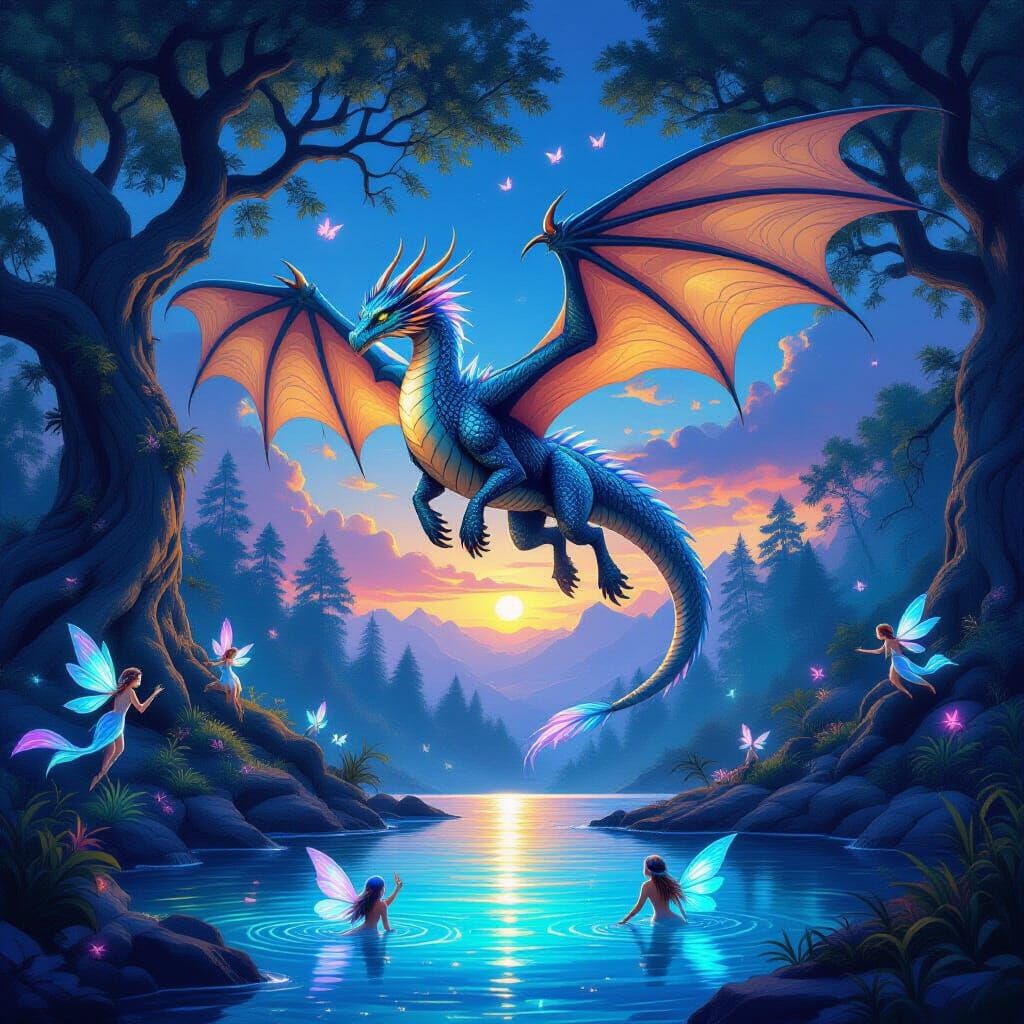 Majestic Dragon Over Enchanted Forest - Fantasy Digital Pain...