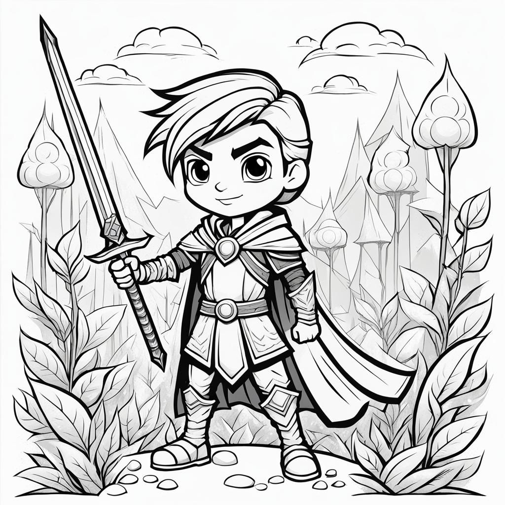 Young Hero in Clean Black-and-White Cartoon Style