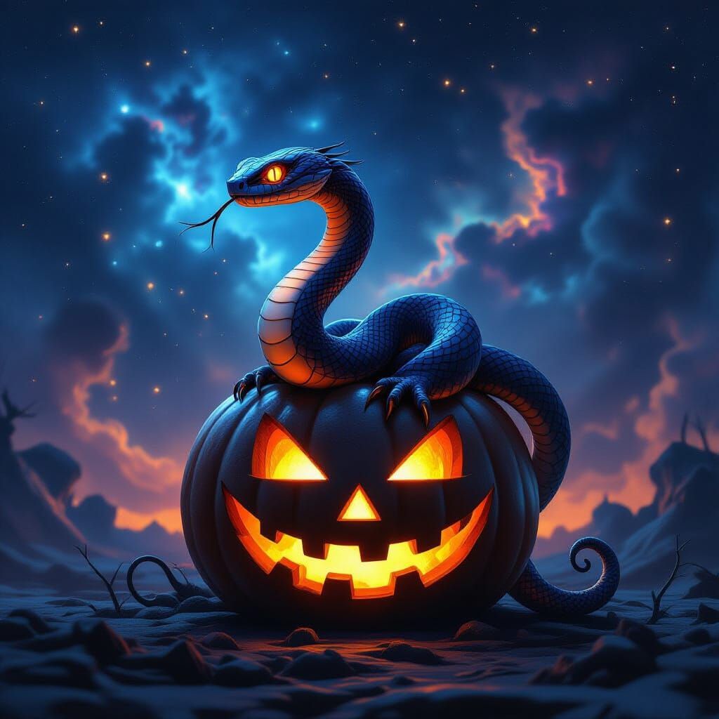 Majestic Flying Snake on Obsidian Pumpkin, Cosmic Art