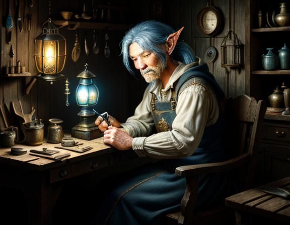 Gnome Repairs Automaton in Dark Fantasy Style