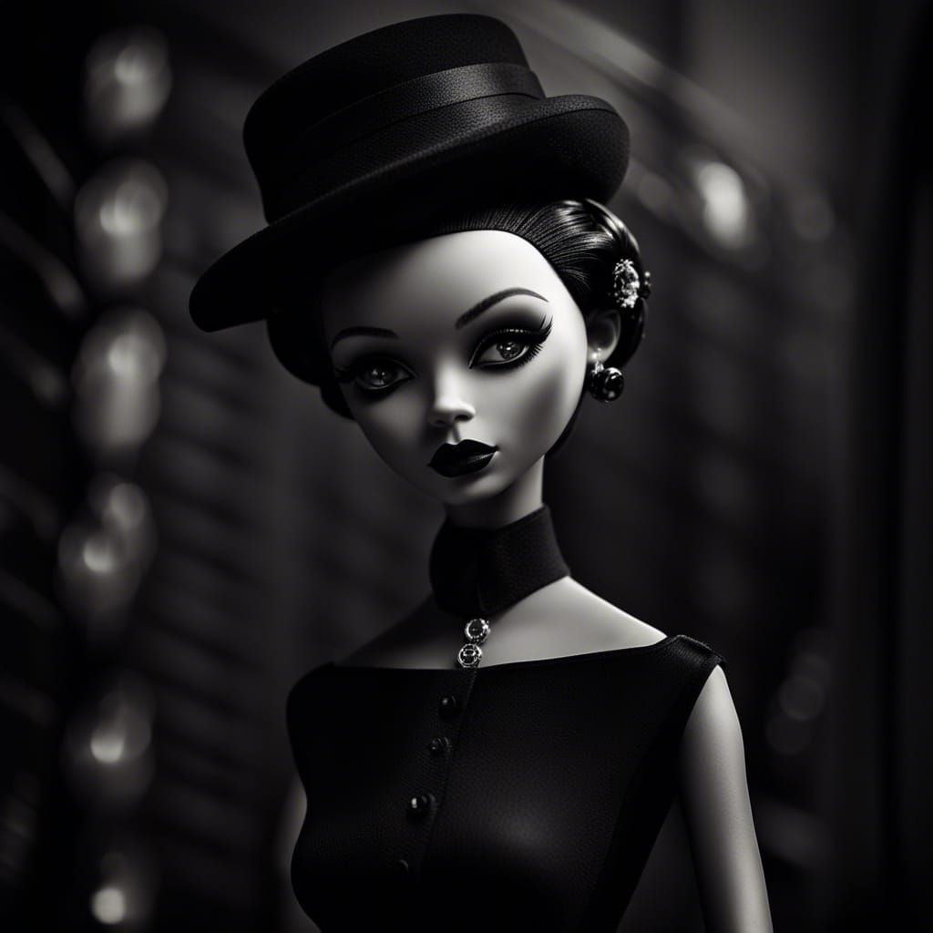 Chic Monochrome Doll in Film Noir Style