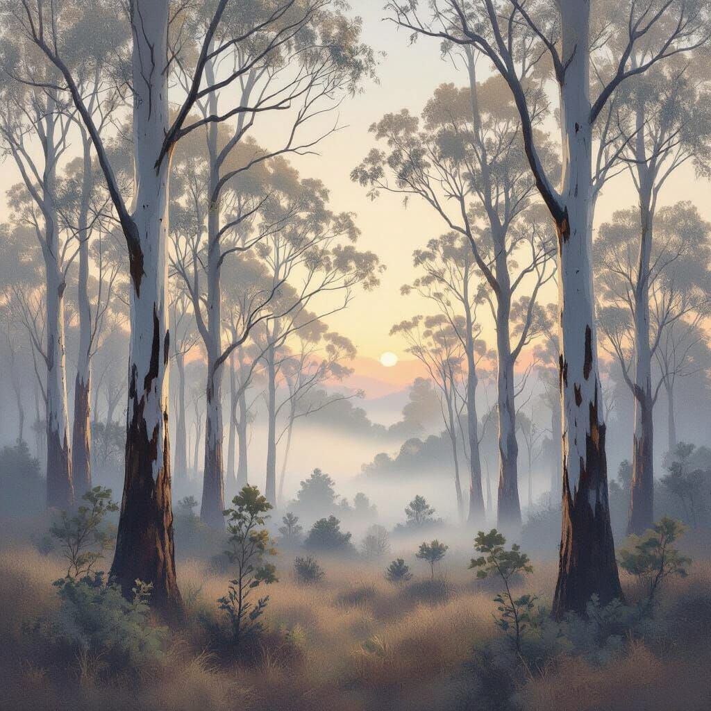 Misty Australian Bushland Dawn in Tonalist Style