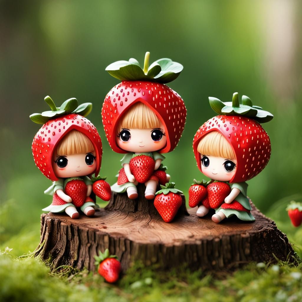 Chibi Strawberry Dolls on Stump with Berries