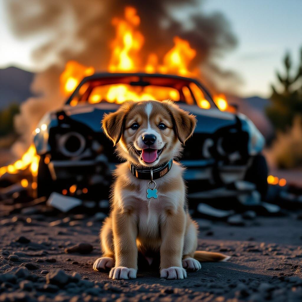 Puppy Sits Proudly Before Fiery Car Crash