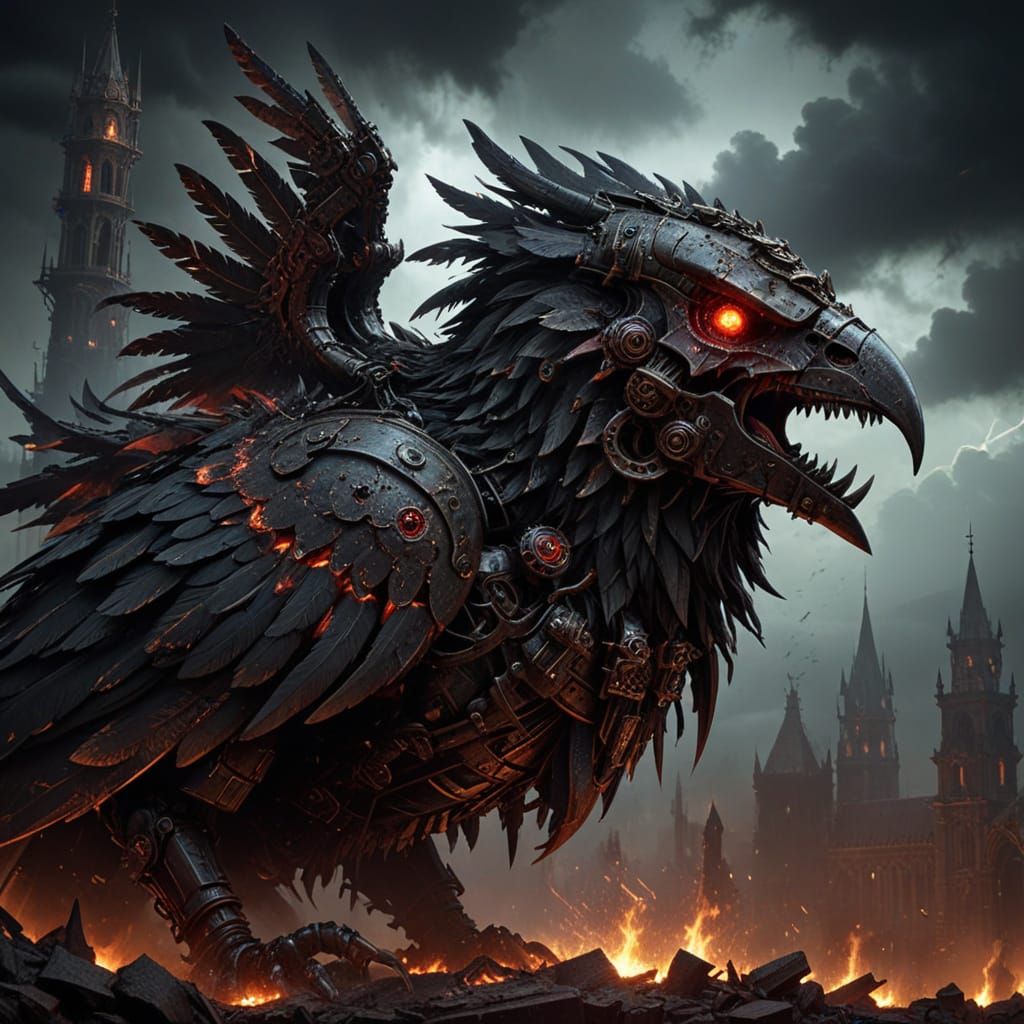 Demonic Warrior on Mechanical Beast in Ruined Cityscape