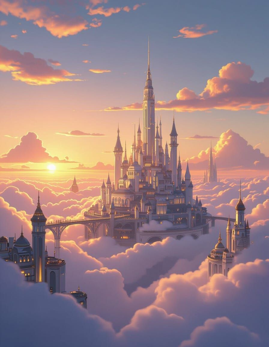 Ethereal City Floating on Clouds at Sunset