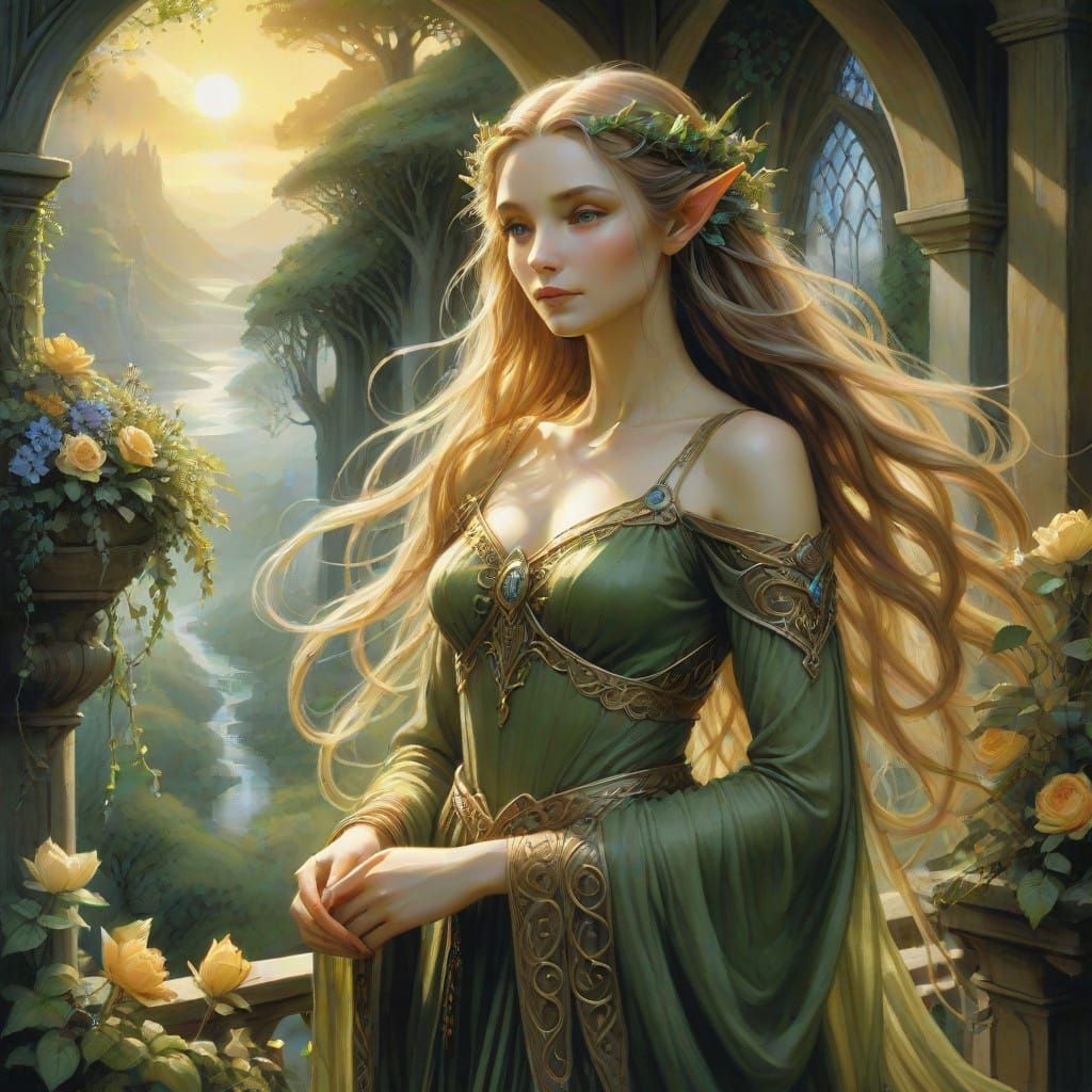 Serene Elven Couple on a Magical Veranda