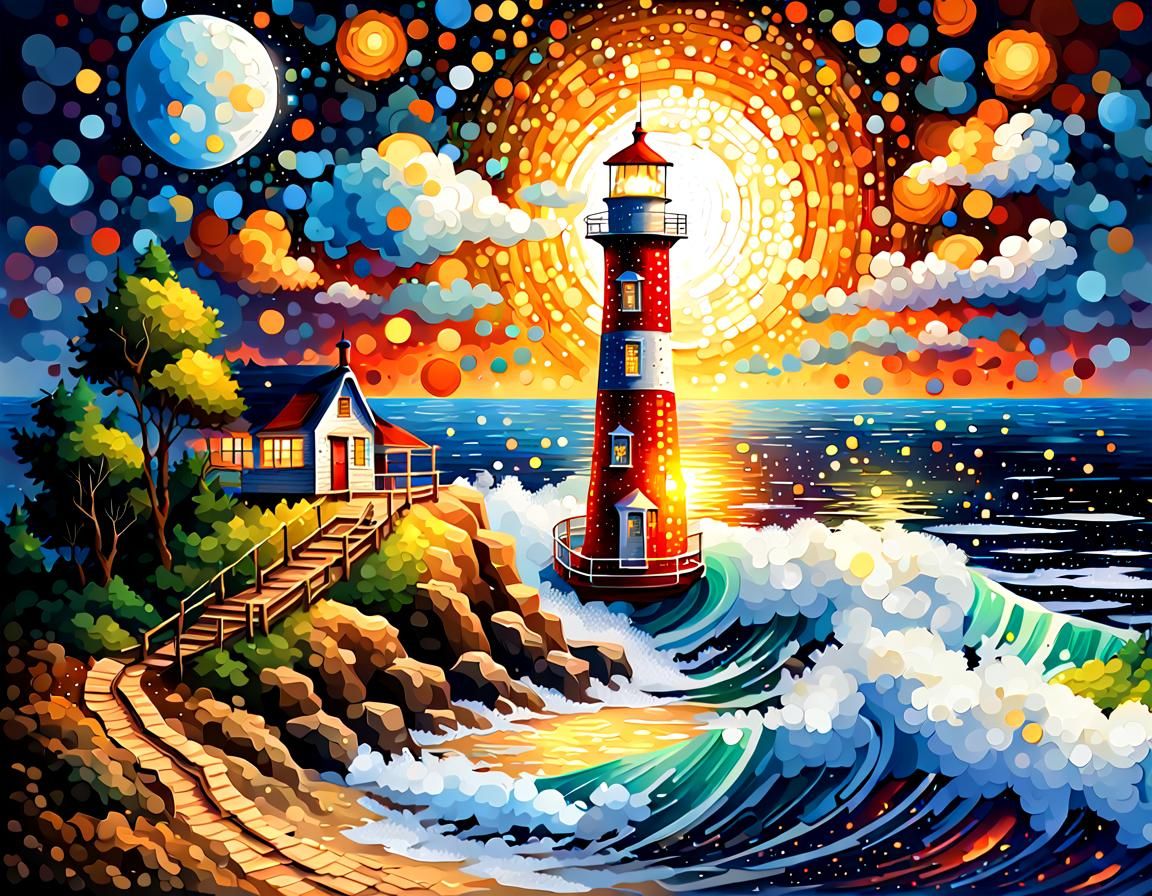 Pointillist Lighthouse and Ship in Colorful Dotted Art