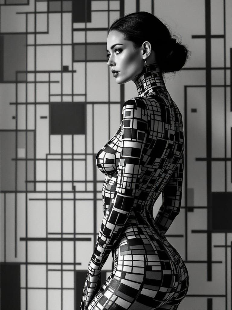 Woman Merges with Geometric Pattern in Monochrome