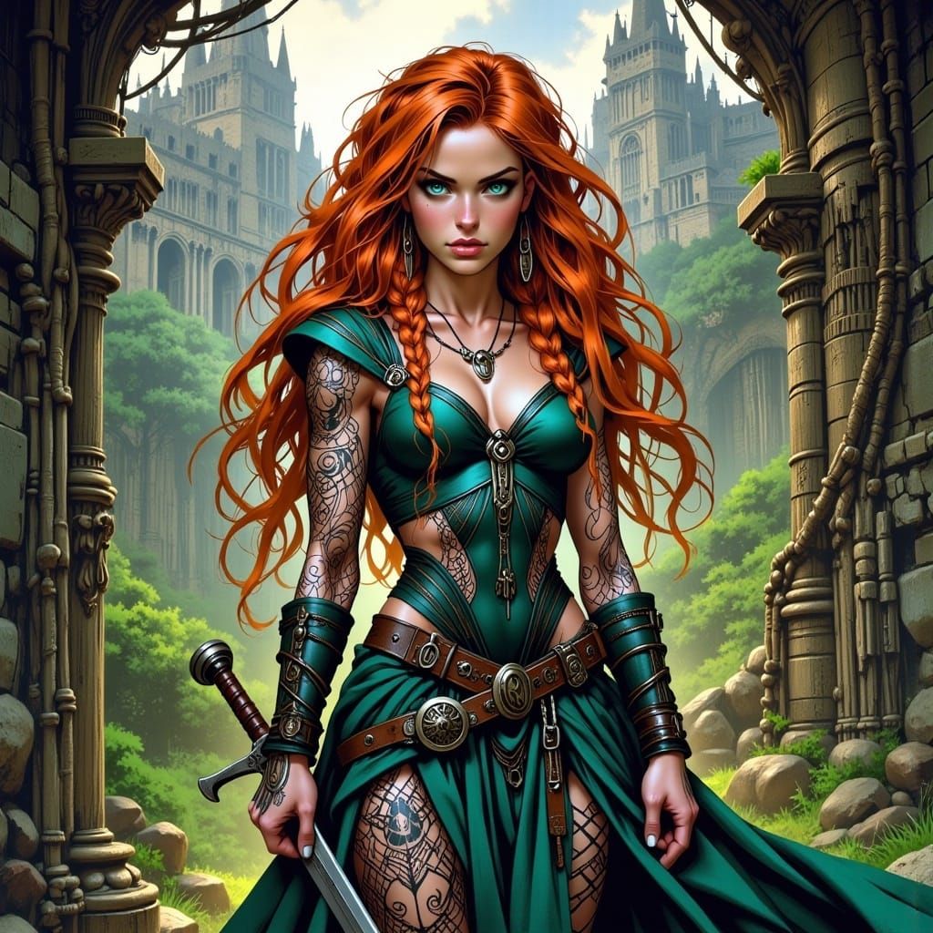 Scottish Superheroine with Claymore Sword in Digital Art Sty...