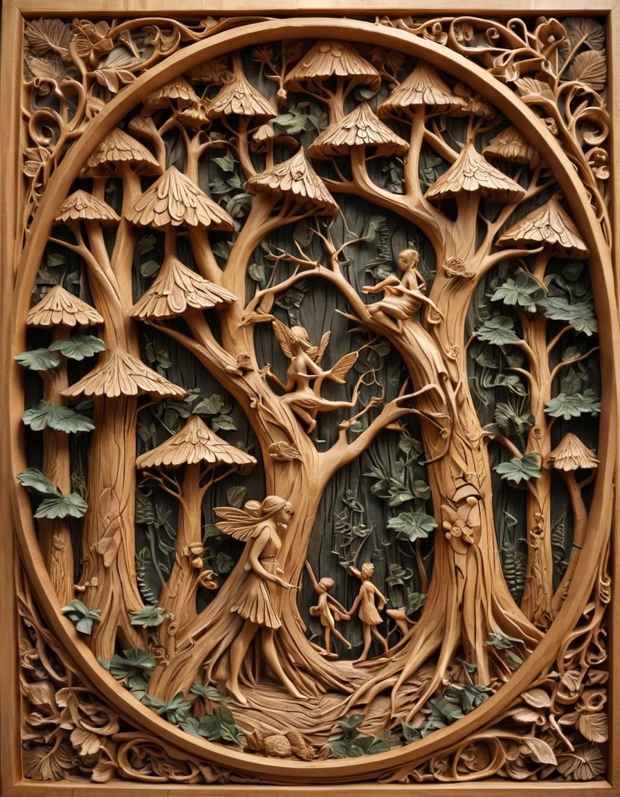 Detailed Wood Carving of Forest Fairies in Folk Art Style