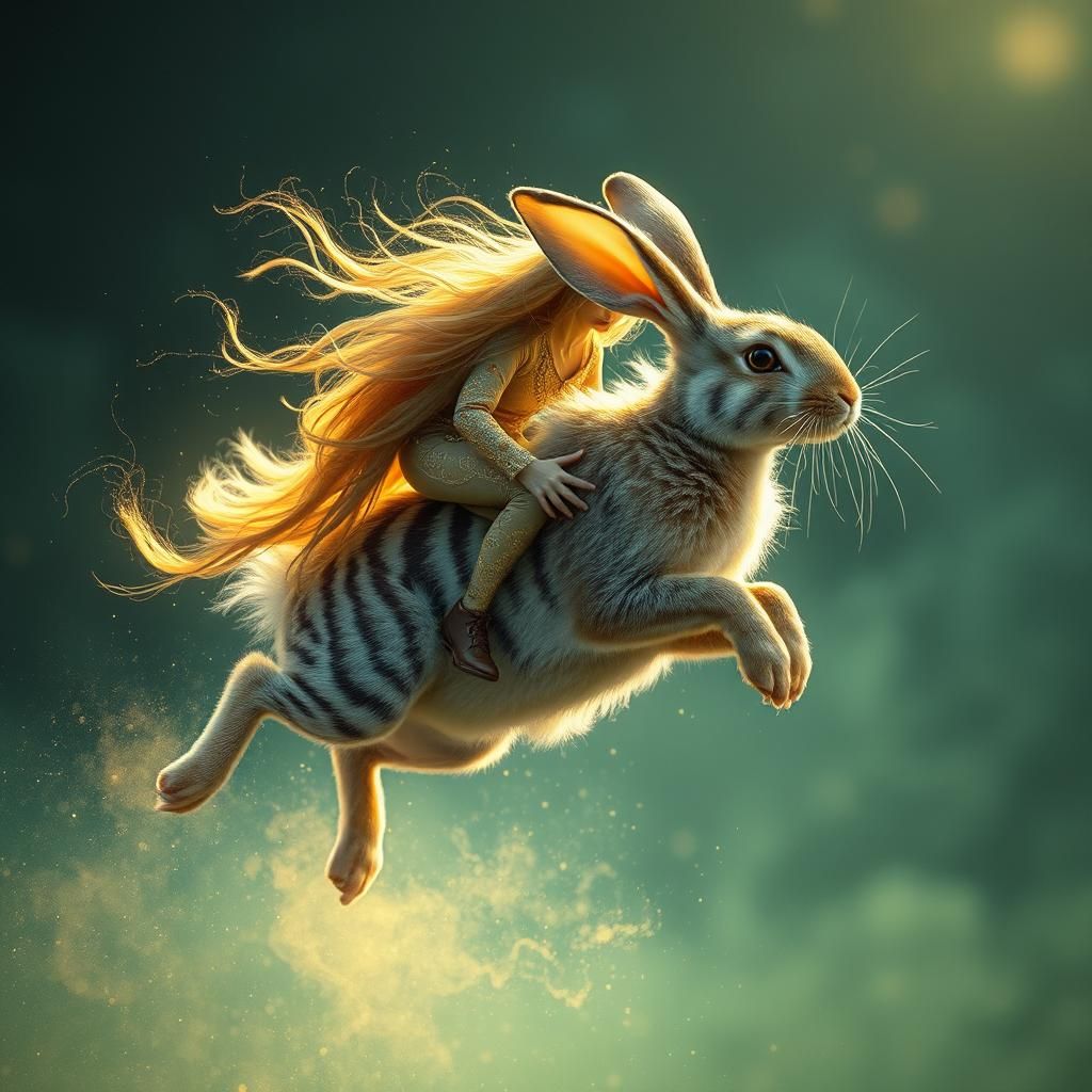 Ethereal Rabbit Rider in Dreamlike Landscape