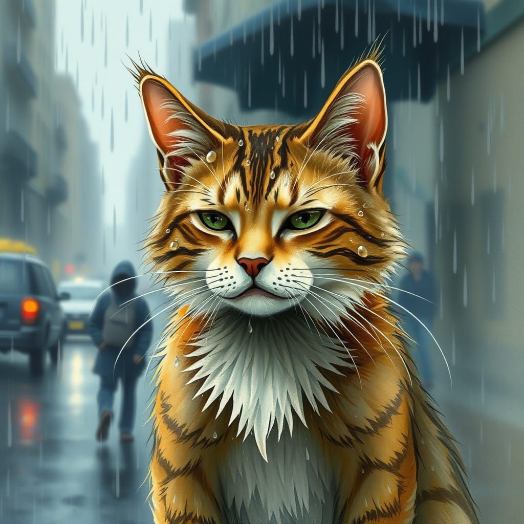 A Bedraggled Feline in a Rainy Cityscape, in Atmospheric Wat...