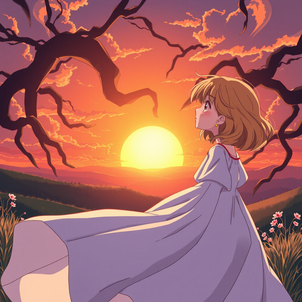 Girl Reaching for Sunrise in Anime Style