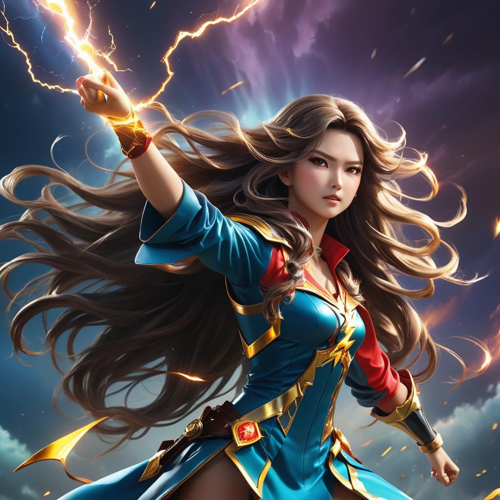 Anime Magical Woman Casting Lightning Bolt