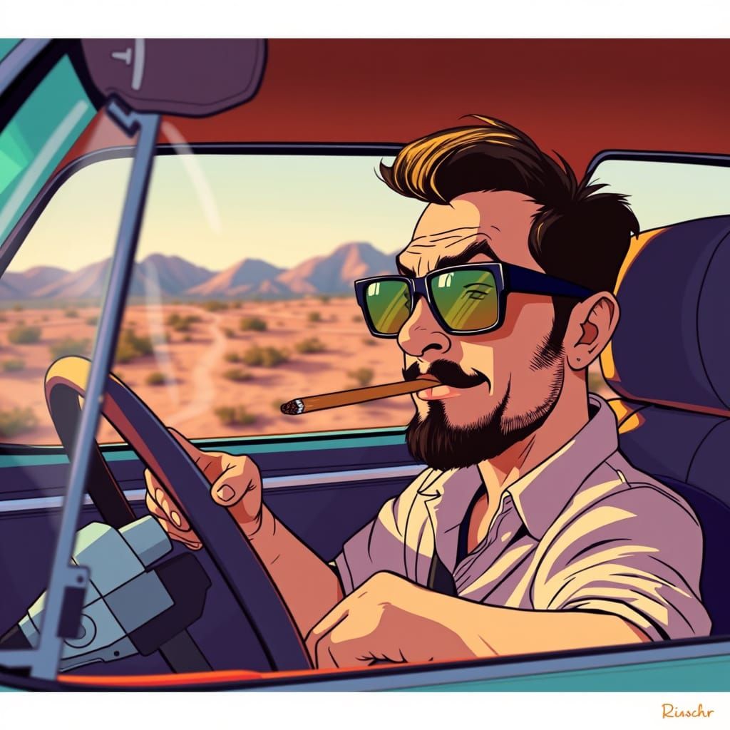 Vibrant Retro-Futuristic Car with Sunglasses and Cigar