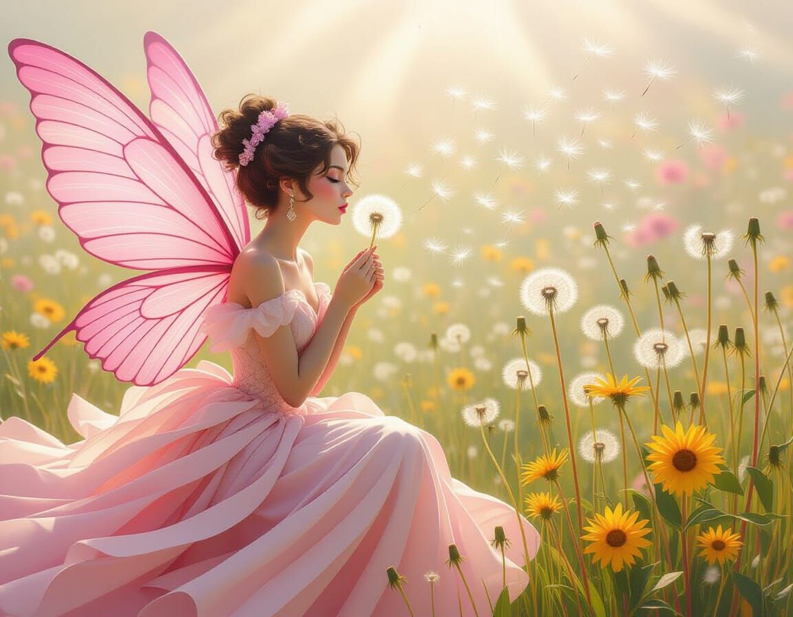 Pink Fairy Blowing Dandelion in Baroque Psychedelic Style