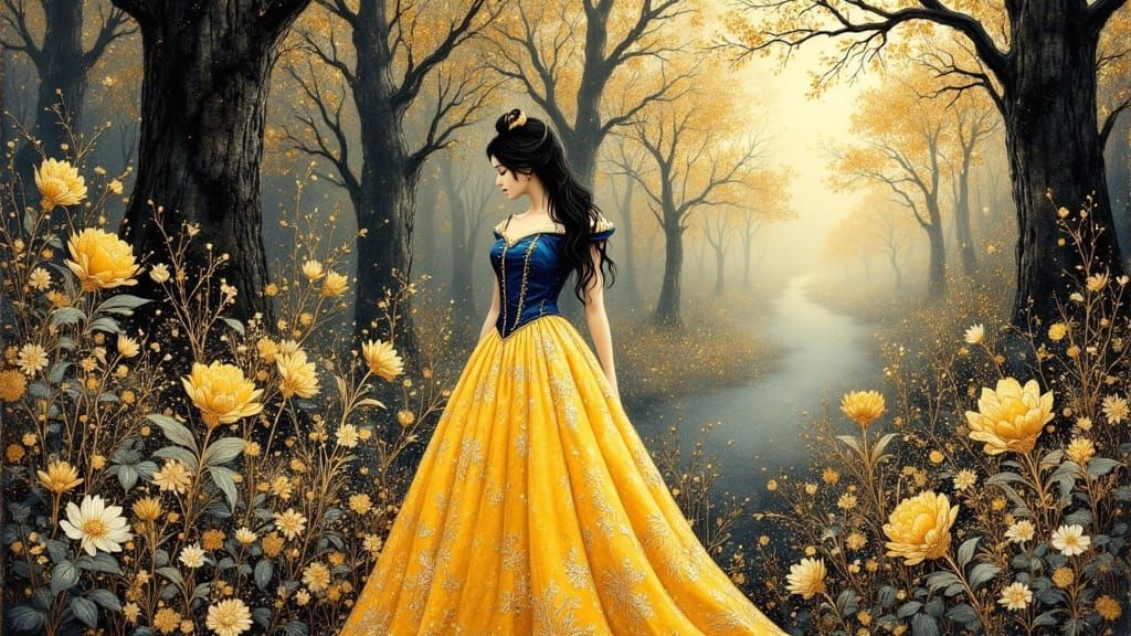Regal Snow White Princess in Vibrant Forest Scene