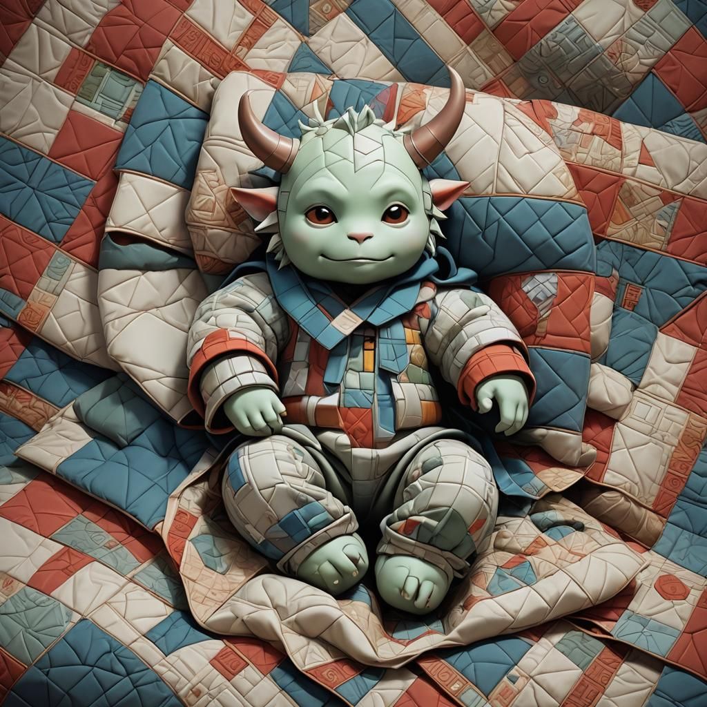 Cute Baby Monster in Cozy Quilt, 3D Anime Art