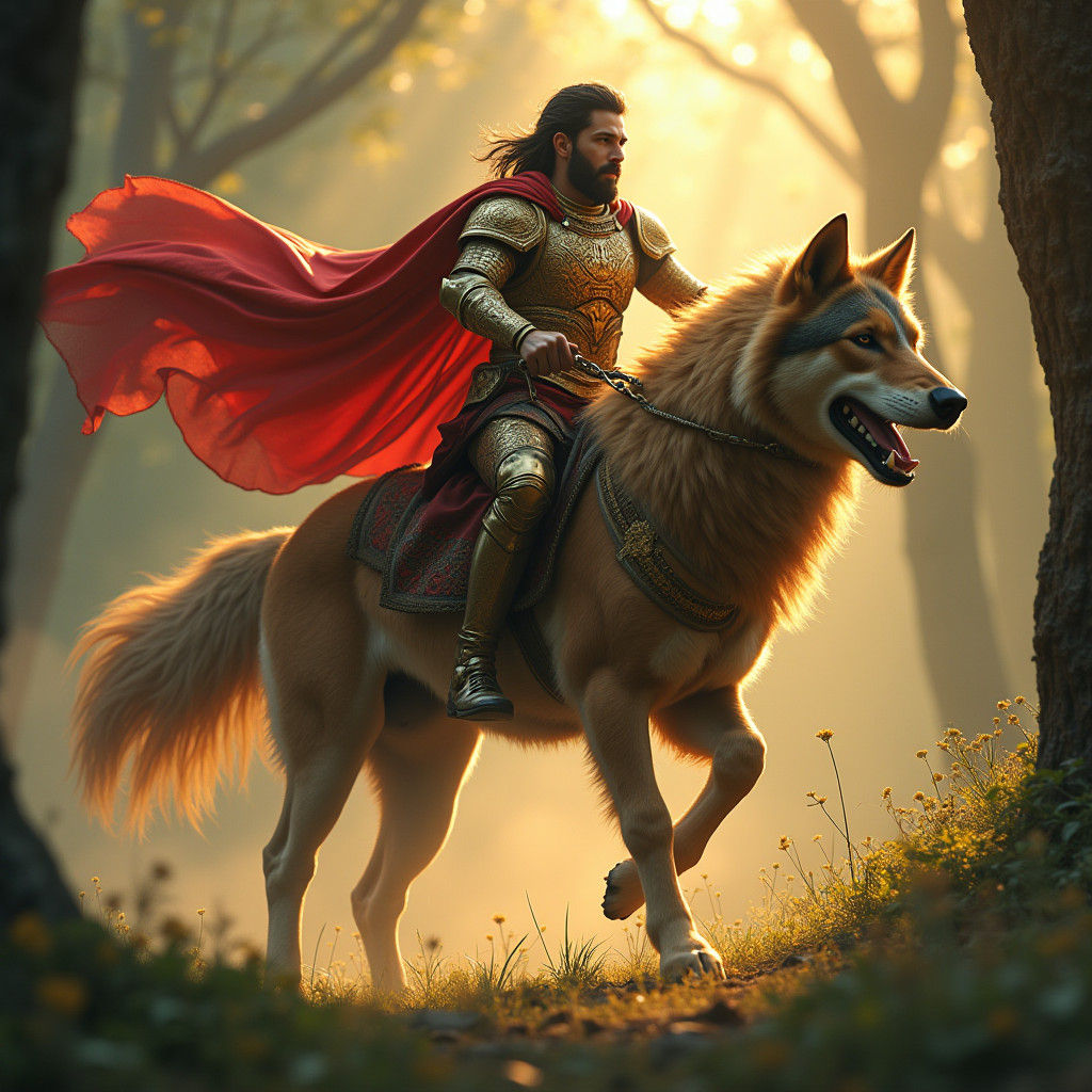 Portuguese Superhero and Iberian Wolf in Mystical Forest