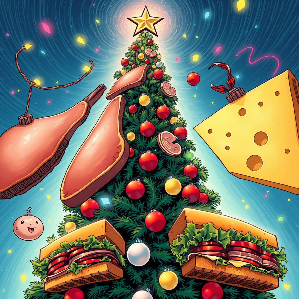 Festive Christmas Tree with Food Ornaments in Comic Art Styl...