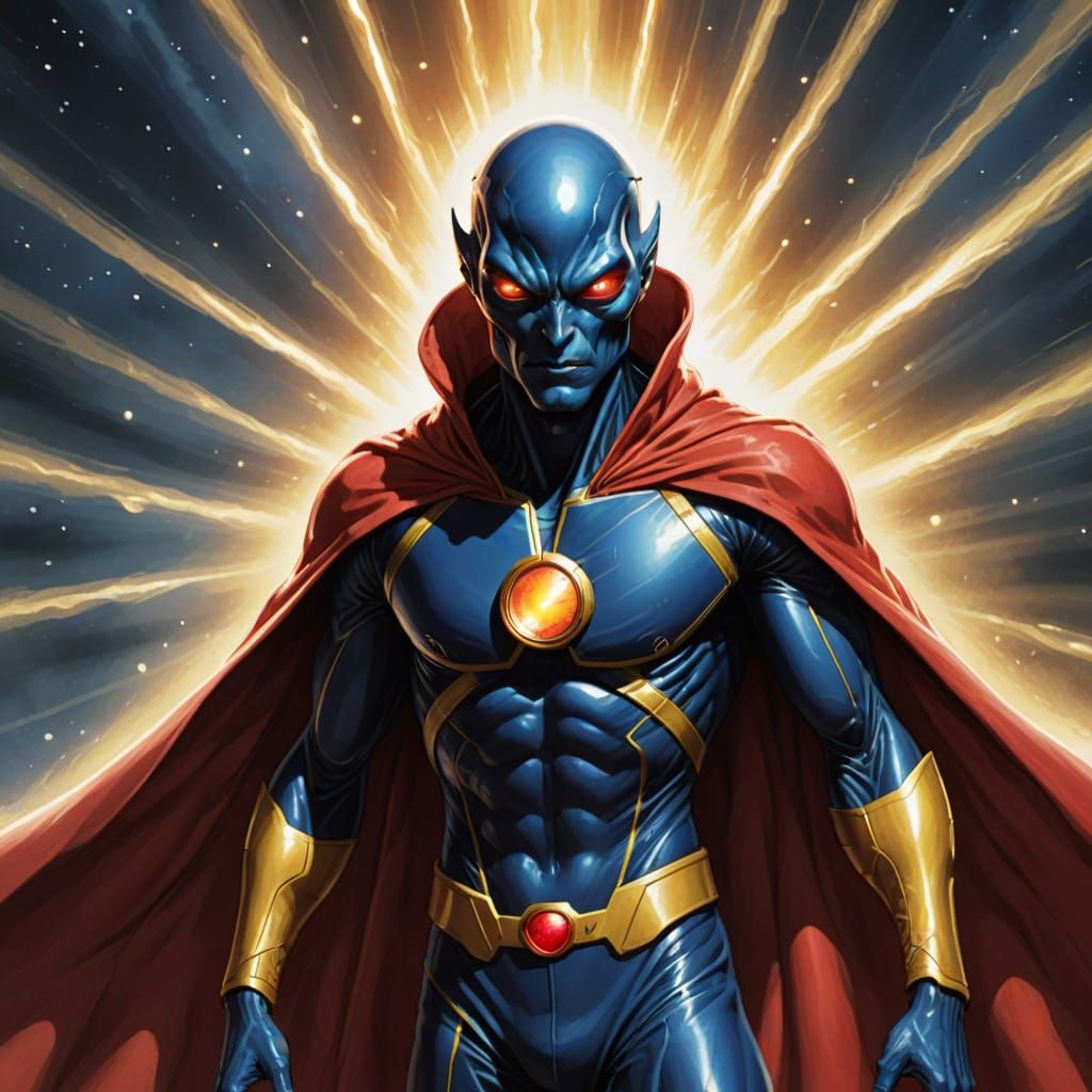 Blue Alien Superhero in Beams of Light