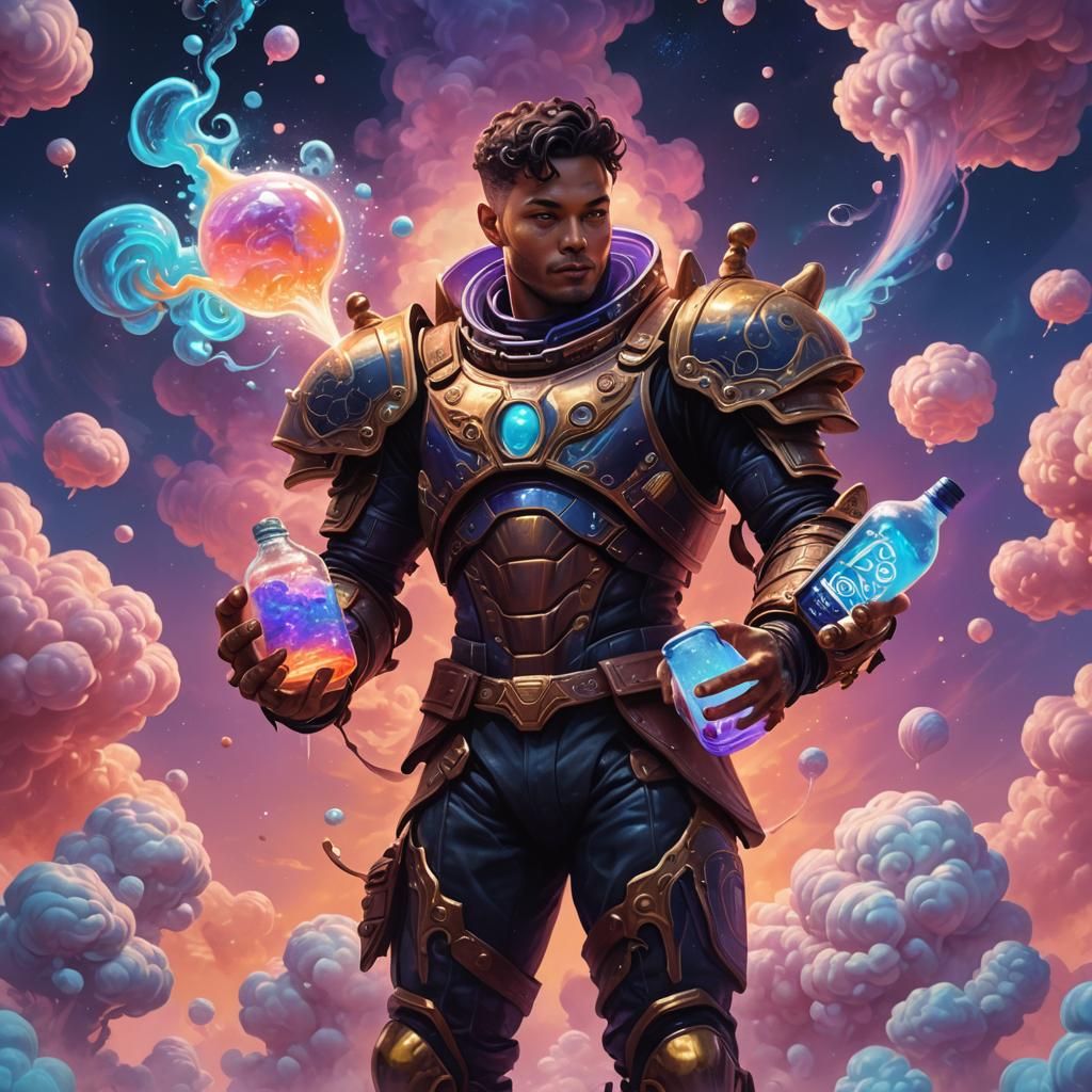 Alien in Leather Armor with Glowing Cola, Surreal Art