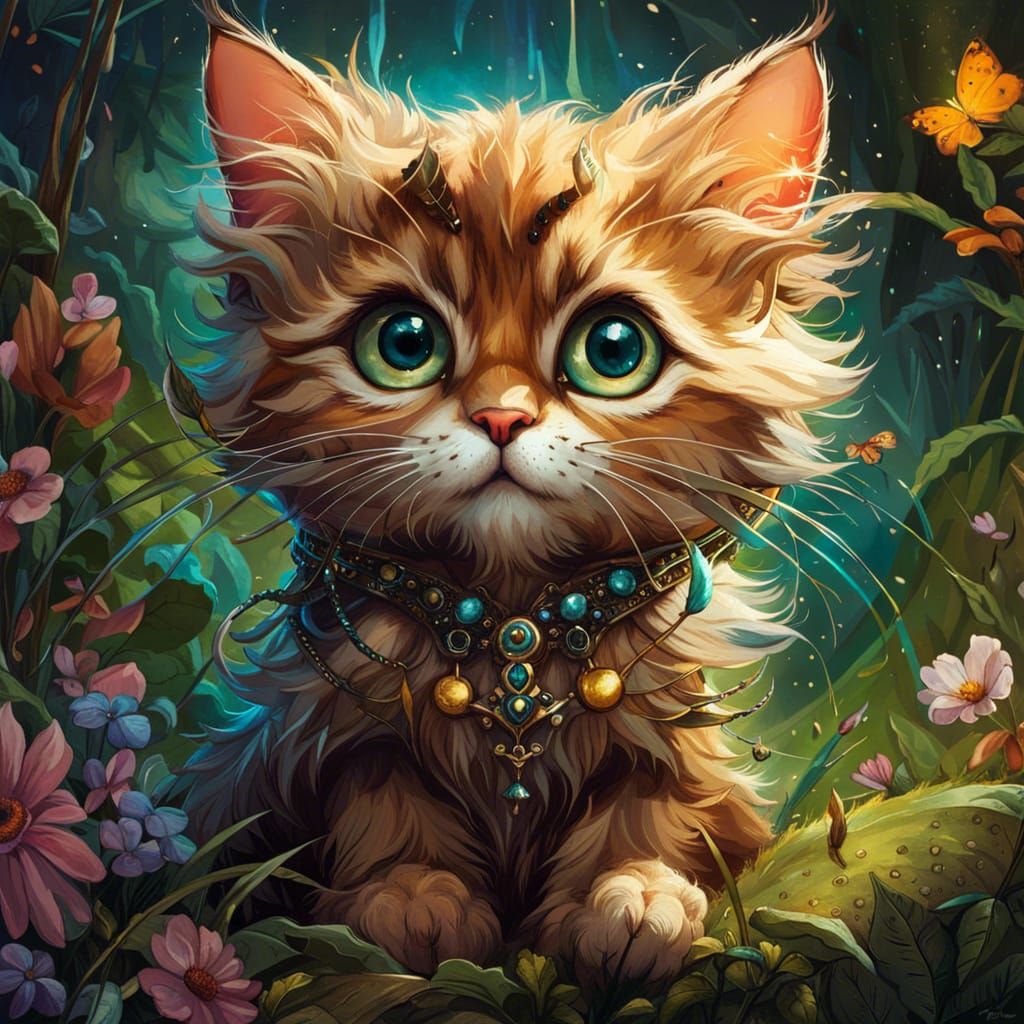 Adorable Big-Eyed Cat in Illustrative Fantasy Style