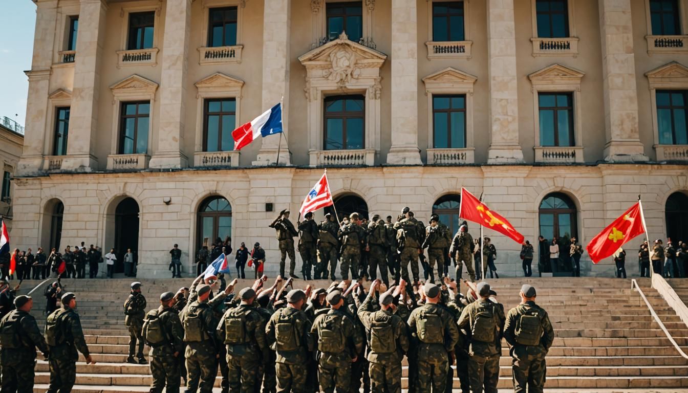 Occupied Government Building: Soldiers Celebrate Victory