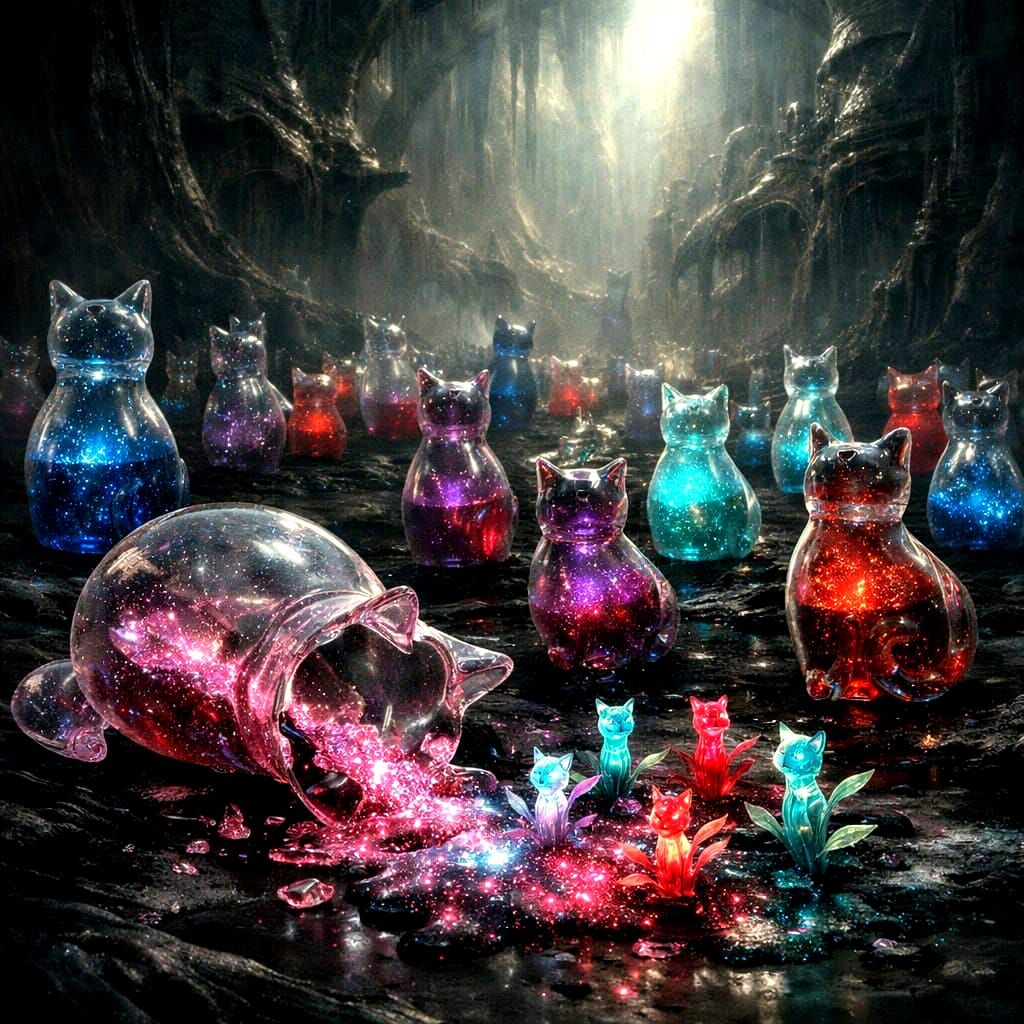 Surreal Cat Vials Spill Growing Plants in Sci-Fi Void