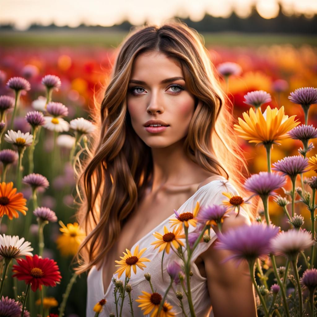 Realistic Model in Field of Flowers