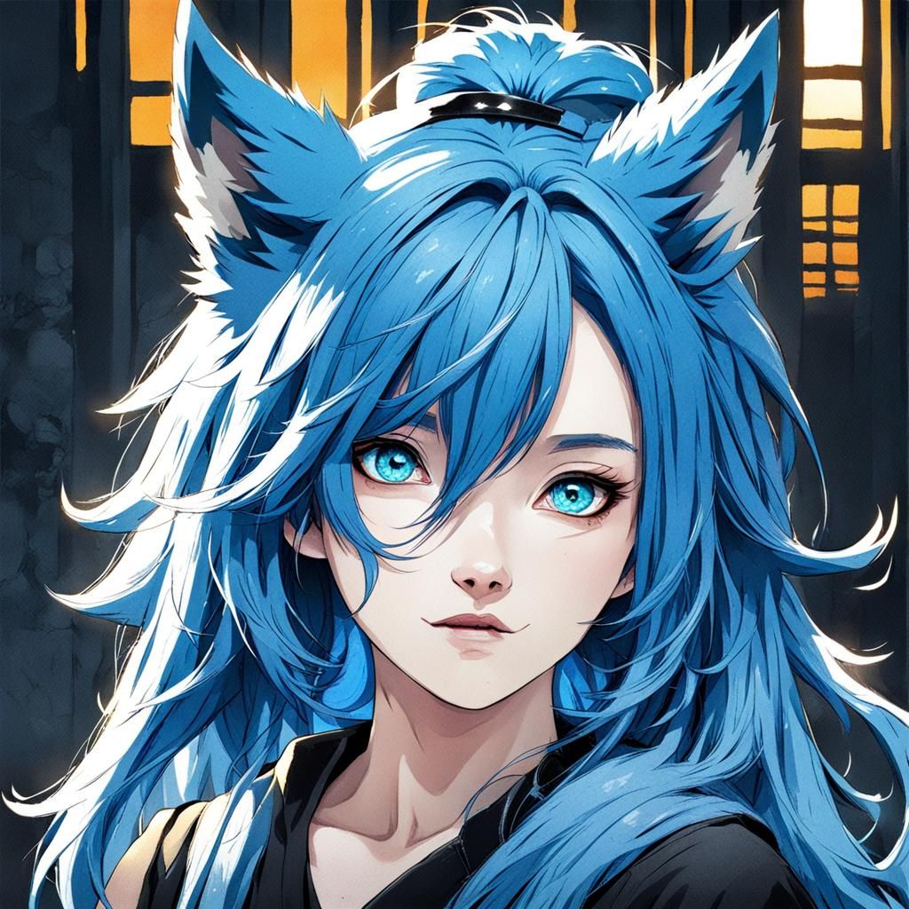 Anime Girl with Blue Hair and Wolf Ears