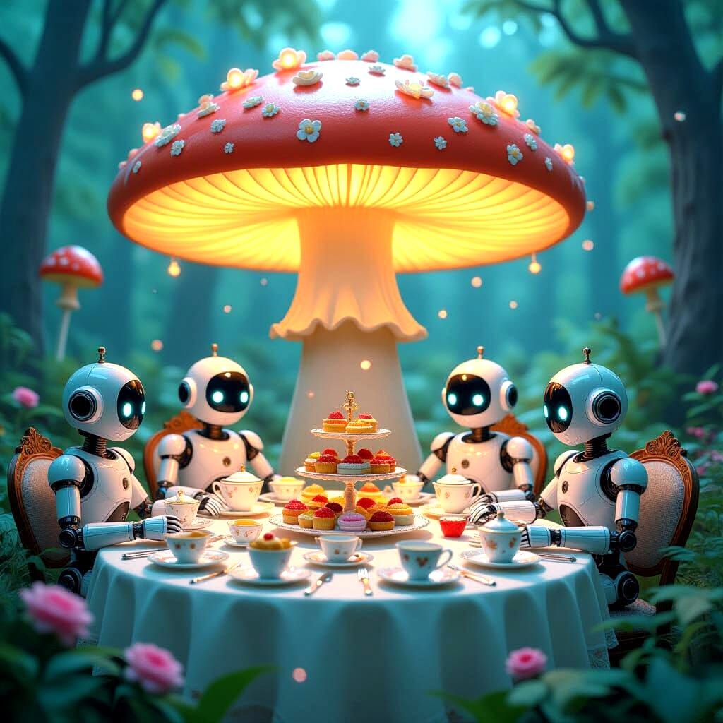 Tea party set within the heart of a giant mushroom, with rob...