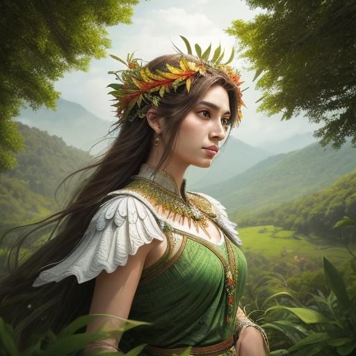 Angelic Girl in Lush Green Landscape: Hyperrealistic Art