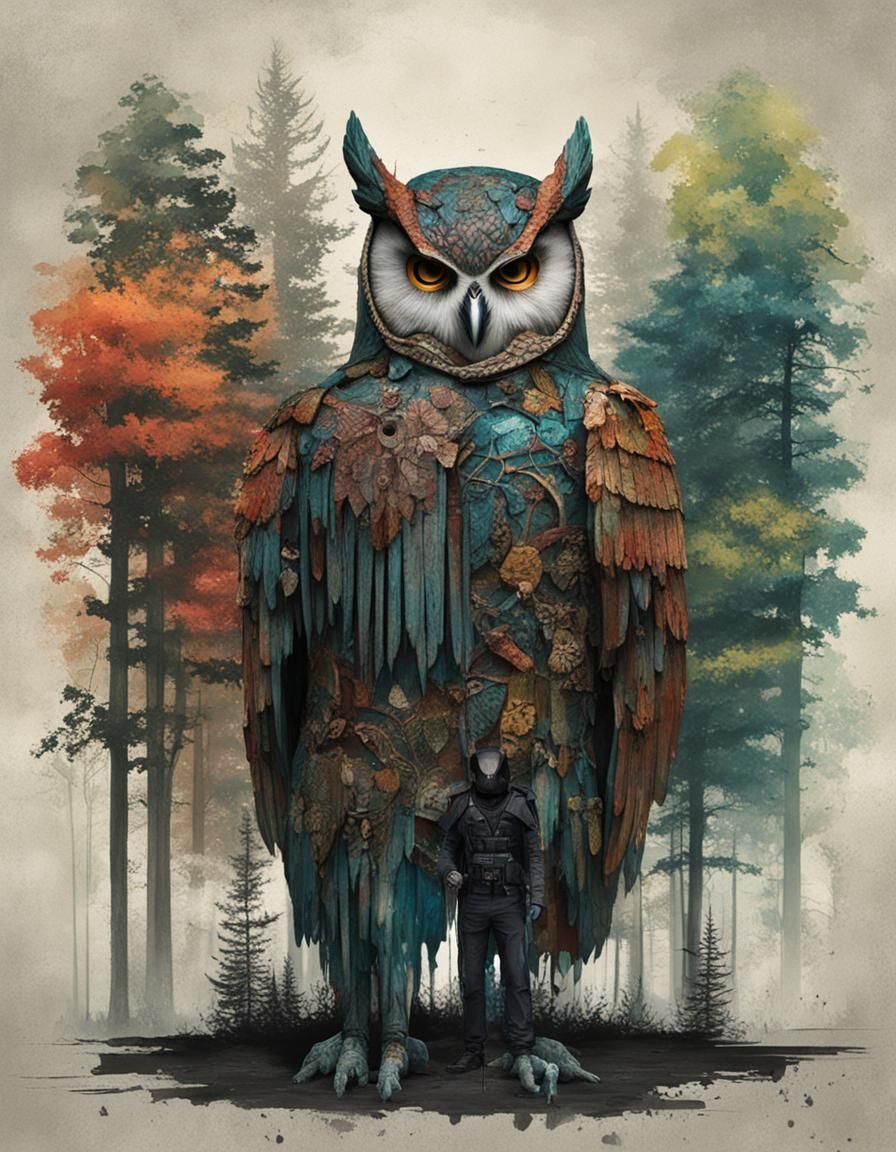 The punisher Owl, full suit, ancient forest, Goran Sudžuka, colourful