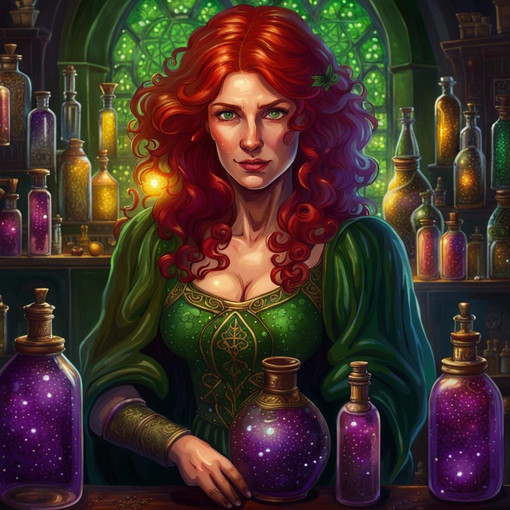 Medieval Enchantress with Glowing Potions, Hyperrealistic Ar...