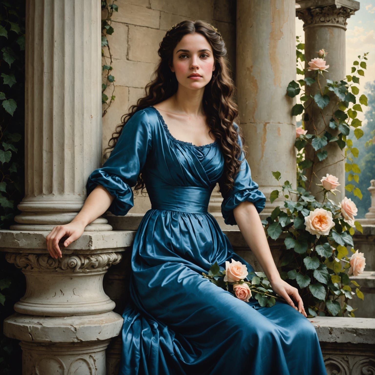 Elegant Woman in Blue Satin, Classical Elegance in Dreamy At...